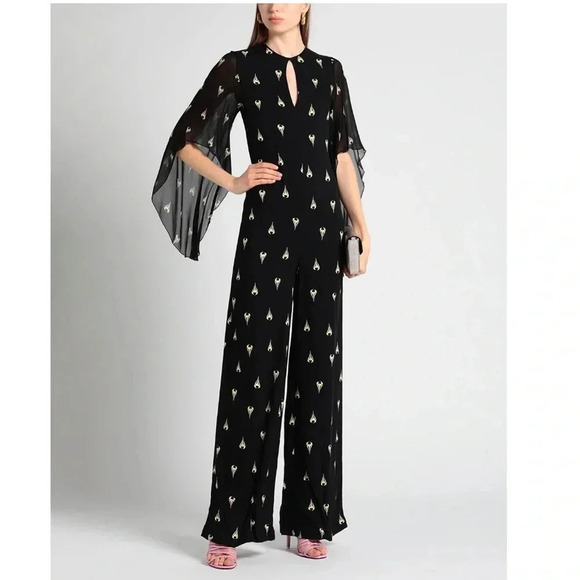 TRUSSARDI JEANS “1987” Heart-Flame Wide-Leg Jumpsuit | Sheer Cape Sleeves - Picture 2 of 14